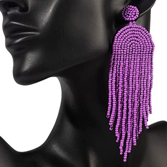 Long Lavender 4.5" Art Deco Oversized Earrings New Beaded Bohemian Tassel Fringe - Picture 2 of 6